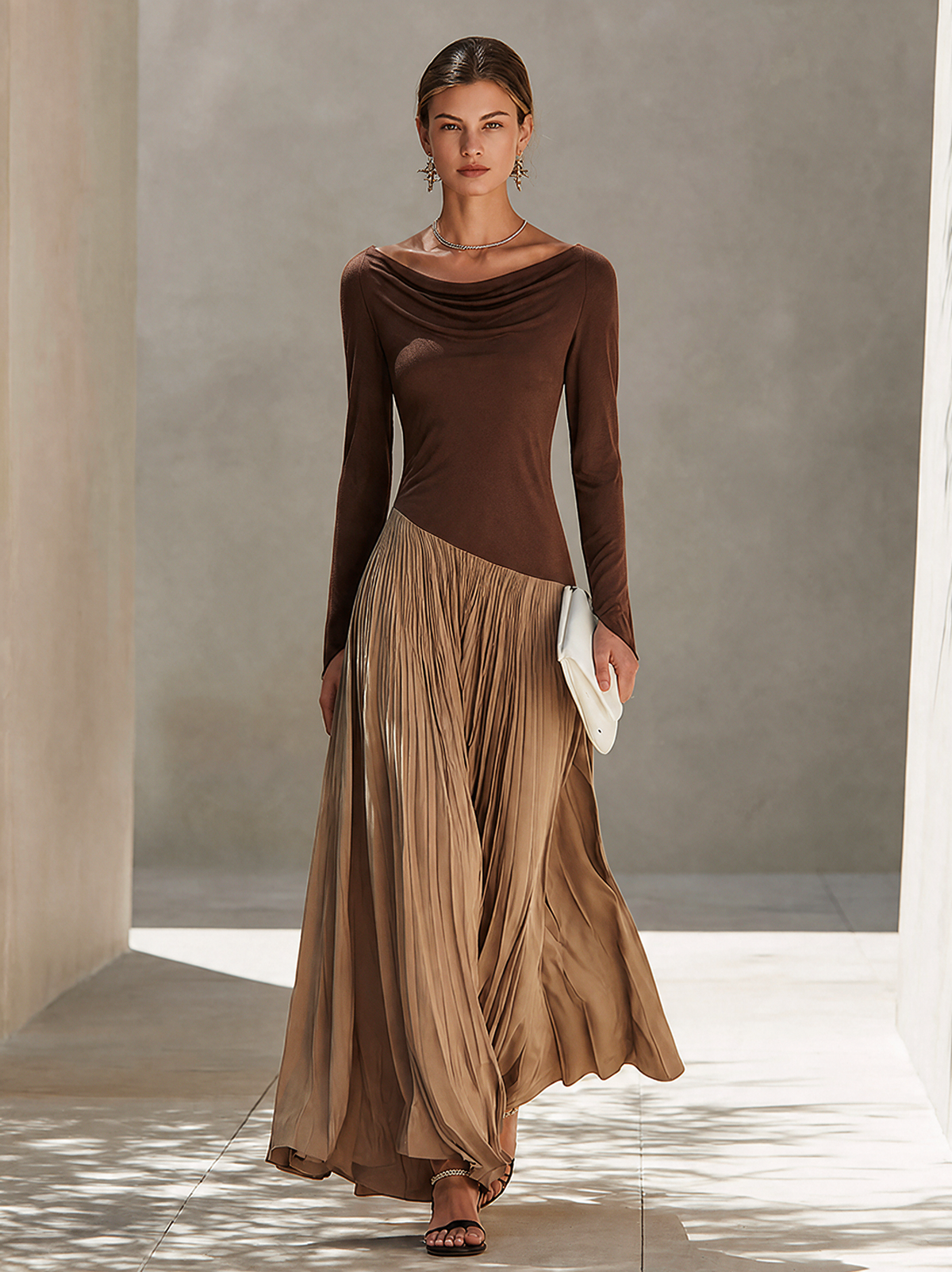 Women's Minimalist Two-Tone Color-Block Maxi Dress With Drape Neckline