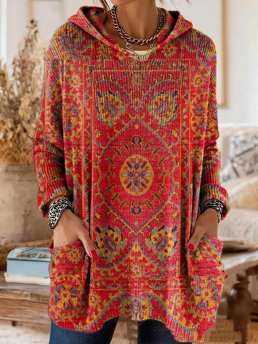 Women’s Retro Ethnic Print Hooded Tunic