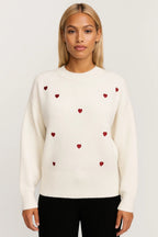 Women’s White Heart Pattern Crewneck Sweater