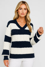 Women’s V-Neck Cable-Knit Striped Sweater