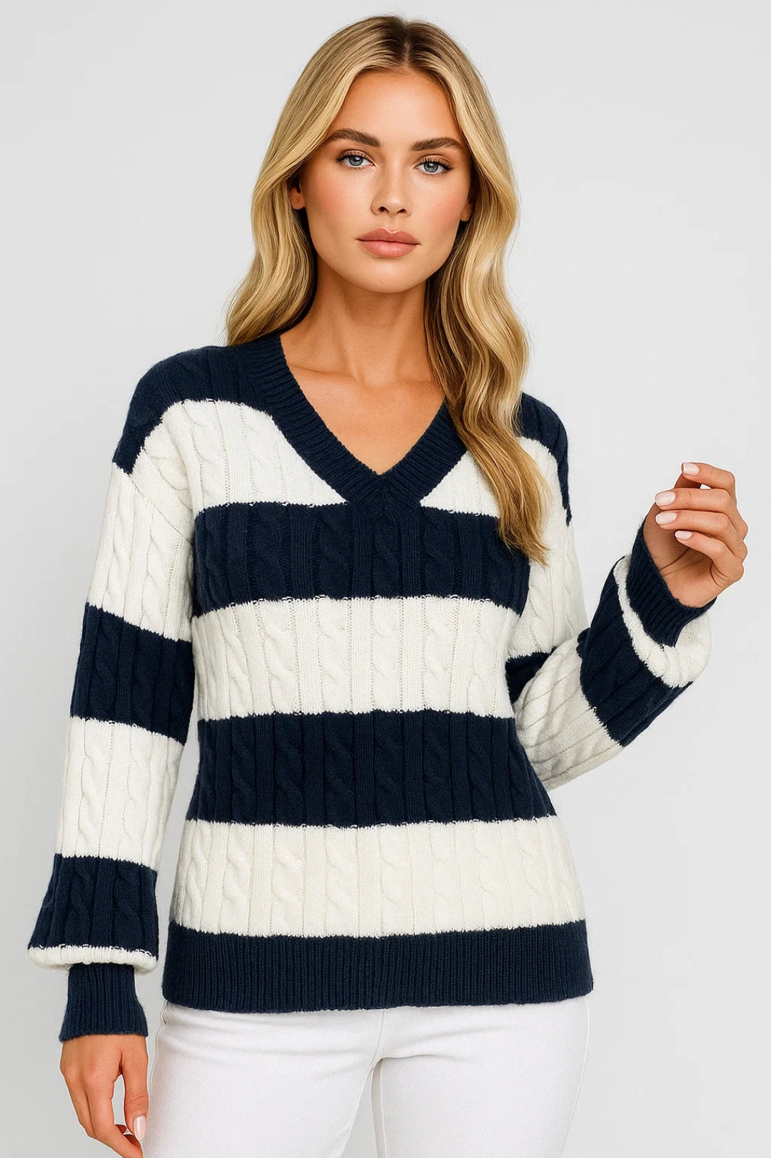 Women’s V-Neck Cable-Knit Striped Sweater