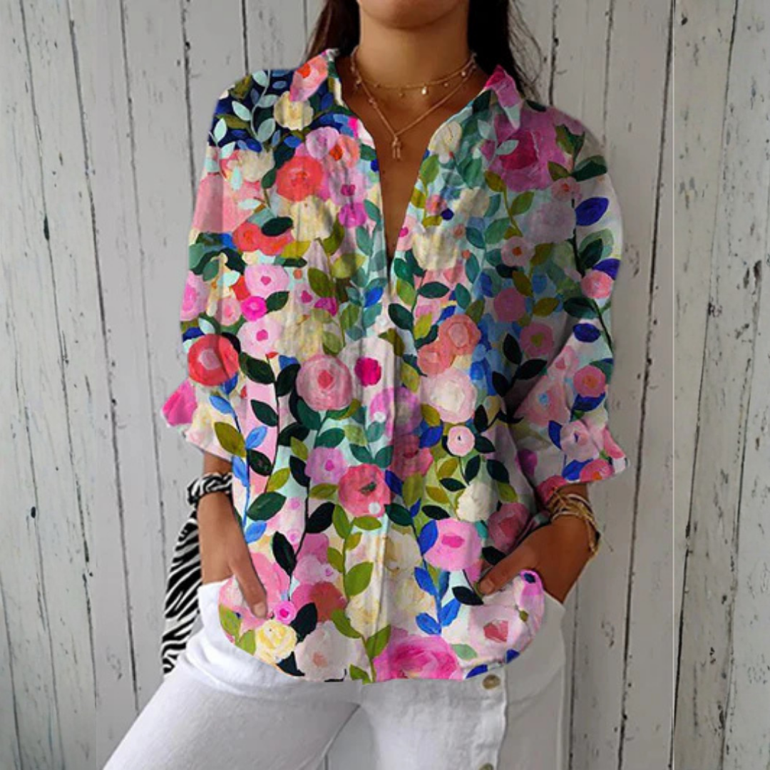 Women’s Floral Print V-Neck Long Sleeve Blouse