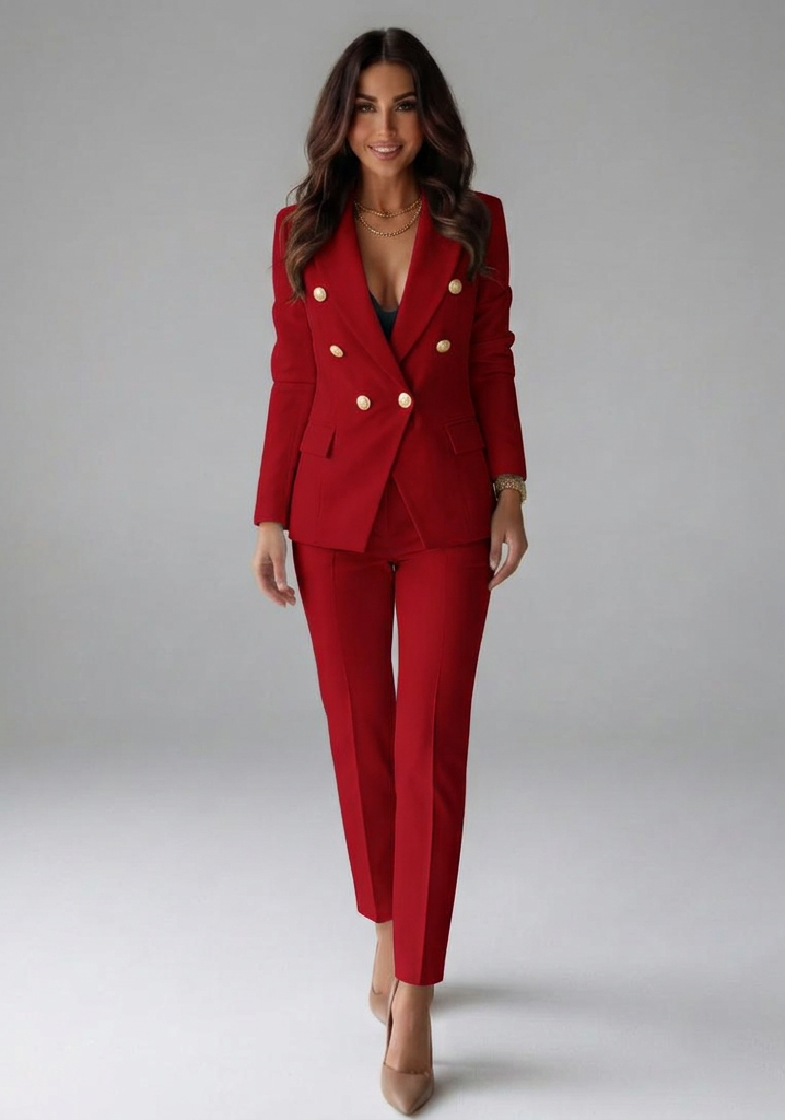 Women's Double-Breasted Blazer Set with Buttons for Office Wear