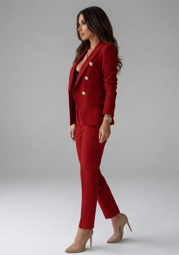 Women's Double-Breasted Blazer Set with Buttons for Office Wear