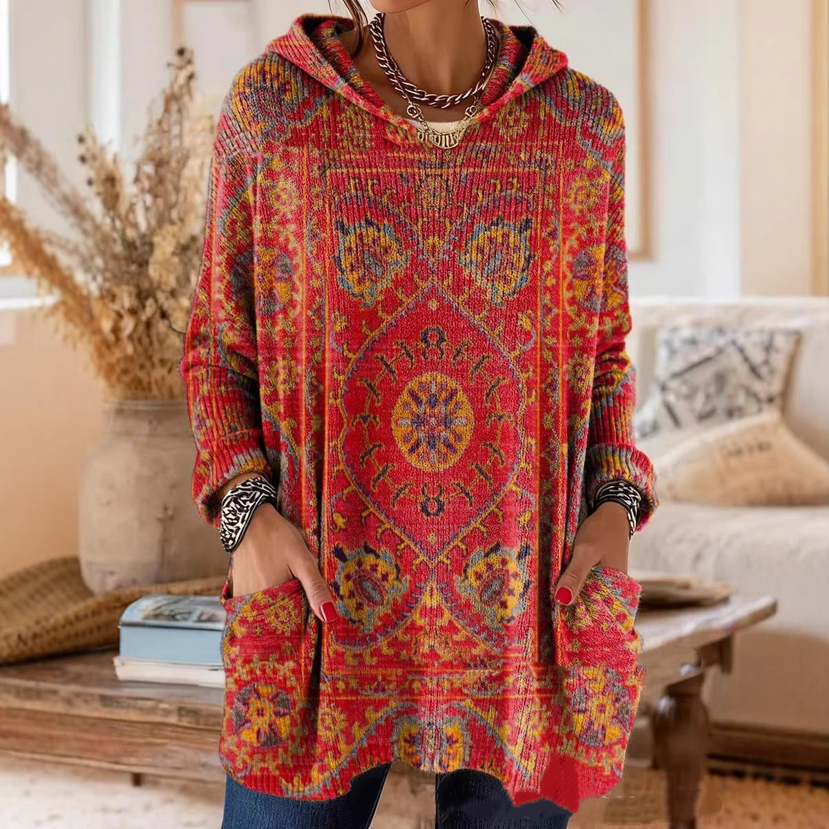 Women’s Retro Ethnic Print Hooded Tunic